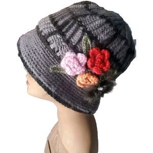 Women's Gray Knit Lined Cloche Flapper Floral Accent Bucket Hat